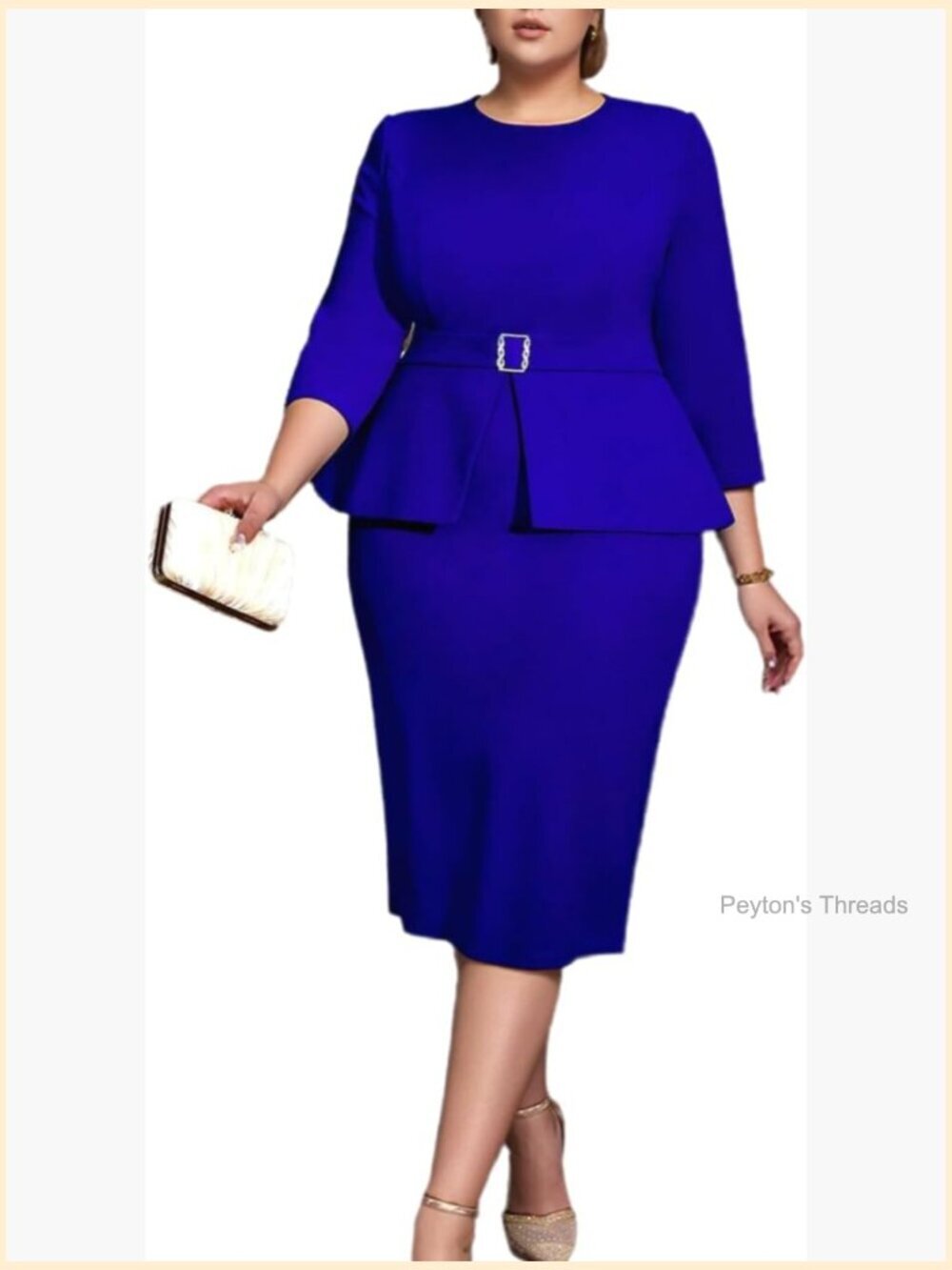 Plus Size Midi Pencil Dress with 3/4 Sleeves Peplum Waist Bodycon Church Work